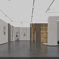 Modern Minimalist Gallery Interior With Paintings On Walls Shelving And Dark Flooring