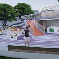 Modern Children's Play Area With Curved Slide Colorful Ground And Surrounding Green Trees