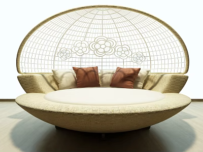 Elegant Wicker Outdoor Sofa With Round Dome Structure Brown Beige Floral Cushions 3d model