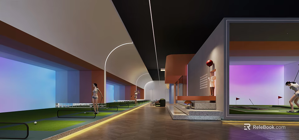 Elegant Modern Indoor Golf Clubhouse With Practice Areas People Playing And Lighting 3d model 
