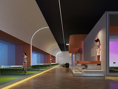 Elegant Modern Indoor Golf Clubhouse With Practice Areas People Playing And Lighting 3d model