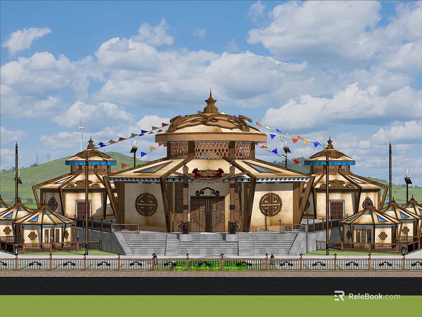 Scenic Landscape With Traditional Architecture Golden Roof Steps And White Clouds Sky 3d model 
