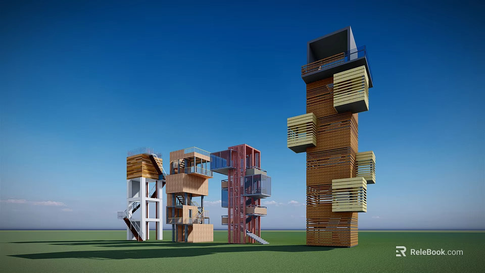 Modern Stacked Tower Architectural Design With Wooden Metal Modules Balconies Terraces Green Grass Blue Sky 3d model 