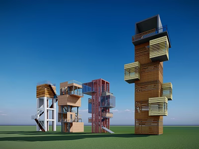 Modern Stacked Tower Architectural Design With Wooden Metal Modules Balconies Terraces Green Grass Blue Sky 3d model