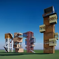 Modern Stacked Tower Architectural Design With Wooden Metal Modules Balconies Terraces Green Grass Blue Sky