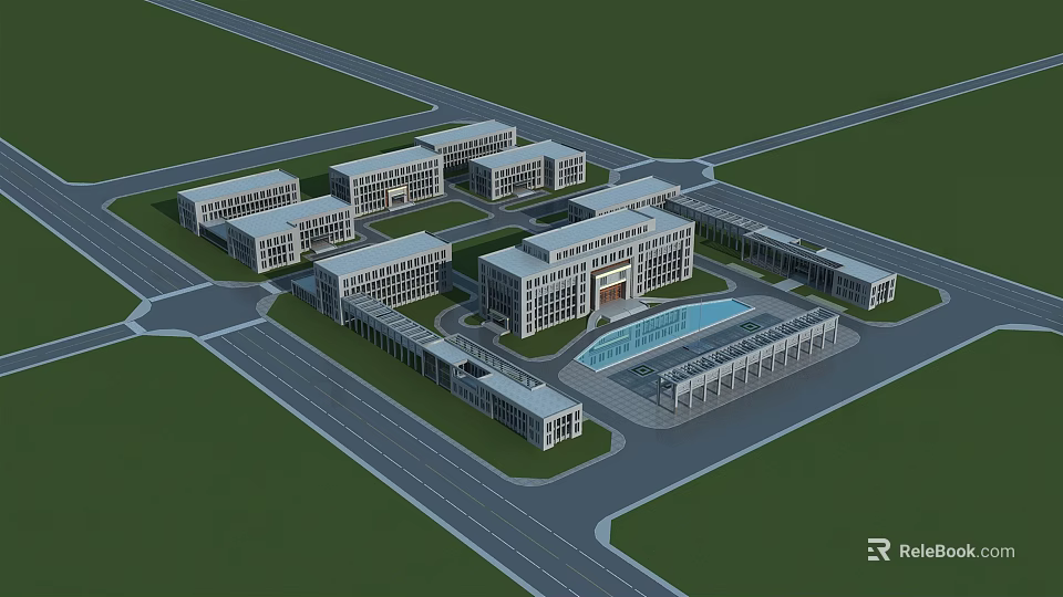 Modern Office Building Complex With Central Courtyard Pool And Landscaped Greenery 3d model