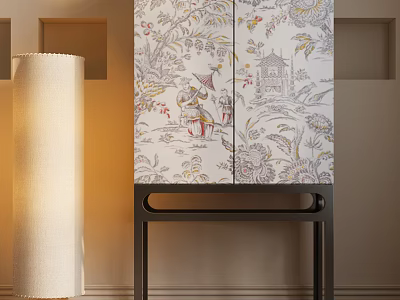 Entryway Console Cabinet With Decorative Floral Pattern And Black Legs By Floor Lamp 3d model