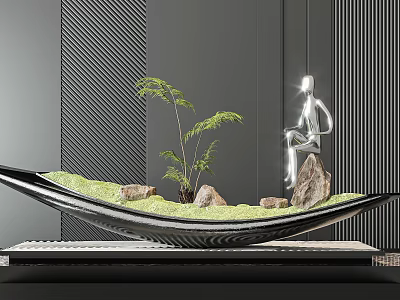 Modern Indoor Plant Display With Green Moss Rocks Silver Figure And Bowl Shaped Vessel 3d model