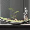 Modern Indoor Plant Display With Green Moss Rocks Silver Figure And Bowl Shaped Vessel