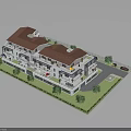 Multi Story Residential Building With Red Roof White Exterior And Landscaped Parking Area