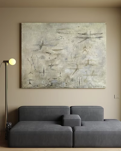 Neutral Toned Abstract Painting on Beige Wall with Floor Lamp and Gray Sofa 3d model