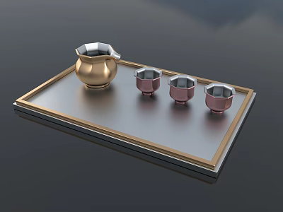 Modern Elegant Golden Tea Set With Small Cups On Metal Tray 3d model