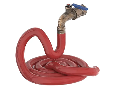 Rusted Metal Faucet With Blue Handle And Coiled Red Hose On White Background 3d model