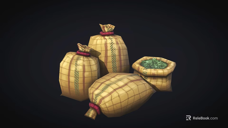 Durable Yellow Checkered Storage Sacks With Red Ties And Open Green Fill 3d model 