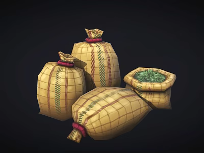 Durable Yellow Checkered Storage Sacks With Red Ties And Open Green Fill 3d model