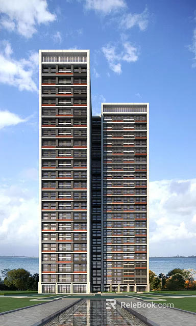 Modern High Rise Residential Building With Multiple Windows And Blue Sky Background 3d model 