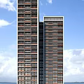 Modern High Rise Residential Building With Multiple Windows And Blue Sky Background