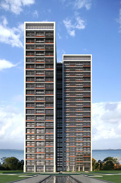 Modern High Rise Residential Building With Multiple Windows And Blue Sky Background 3d model