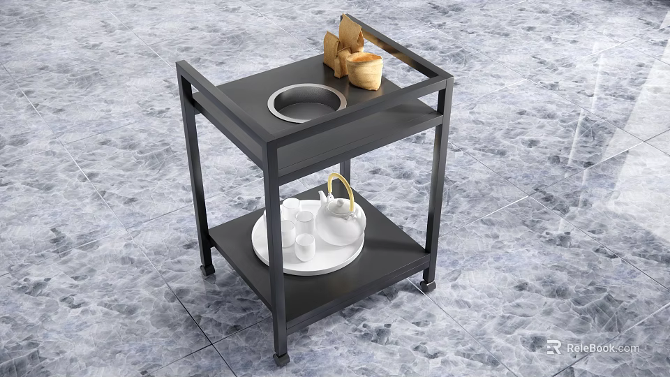 Mobile Two Tier Black Metal Side Table With Food Tray And Tea Set 3d model 