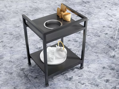 Mobile Two Tier Black Metal Side Table With Food Tray And Tea Set 3d model