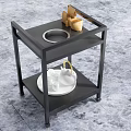 Mobile Two Tier Black Metal Side Table With Food Tray And Tea Set