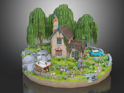 Cartoon Scene Featuring Small House Weeping Willow Trees Garden Rocks Small Shed and Blue Car 3d model