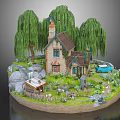 Cartoon Scene Featuring Small House Weeping Willow Trees Garden Rocks Small Shed and Blue Car
