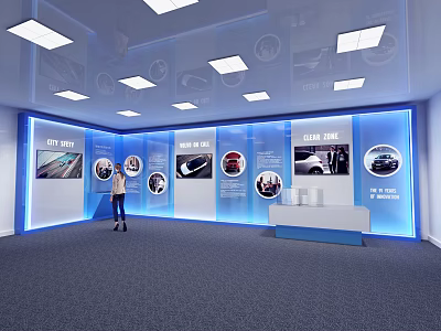 Modern Blue Exhibition Hall With Car Parts Wall Displays And Reception Desk 3d model