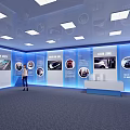 Modern Blue Exhibition Hall With Car Parts Wall Displays And Reception Desk
