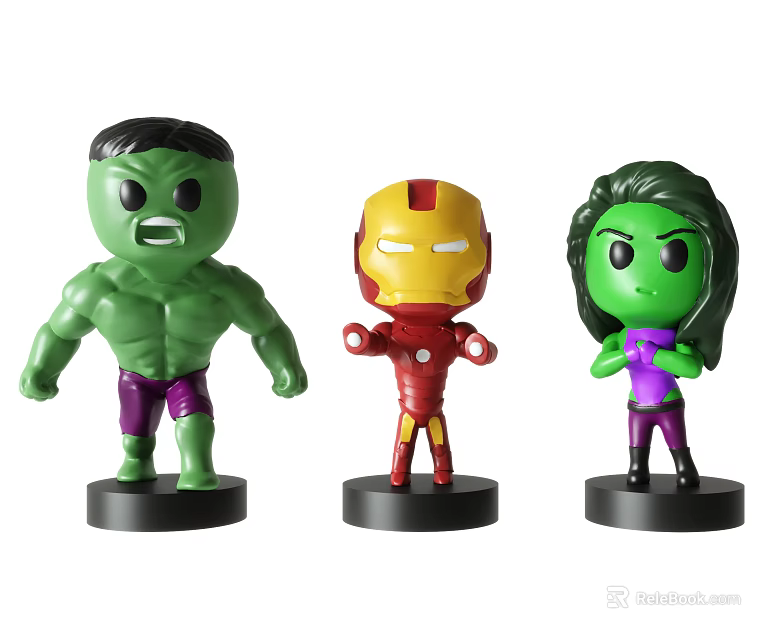 Cute Chibi Style Superhero Dolls With Three Different Characters On Black Bases 3d model