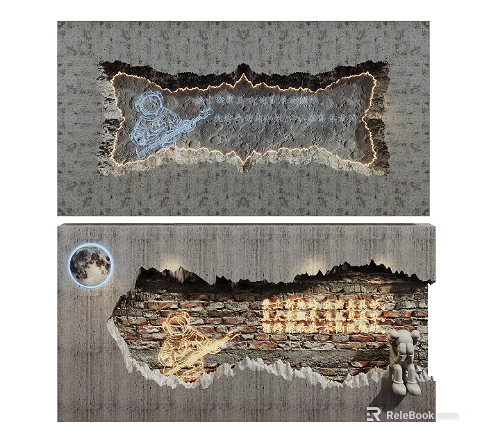 Artistic Distressed Background Wall With Brick Accent Lighting And Graffiti Design 3d model 