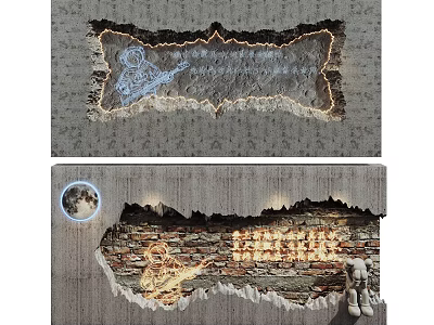 Artistic Distressed Background Wall With Brick Accent Lighting And Graffiti Design 3d model