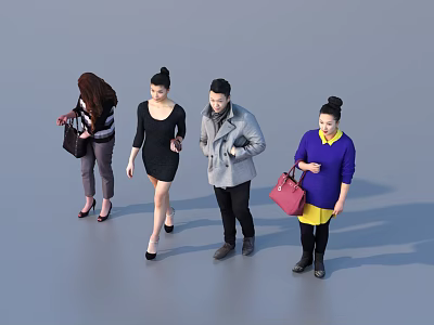 Group of Four People Walking Together With Different Clothing And Bags 3d model