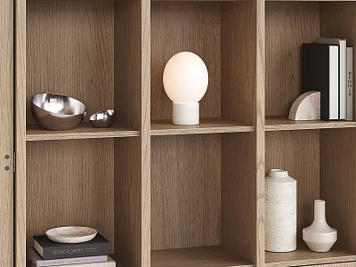 Wooden Decorative Cabinet With Open Shelves White Lamp Vases Books And Bowls 3d model