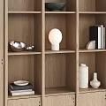 Wooden Decorative Cabinet With Open Shelves White Lamp Vases Books And Bowls