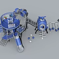 Outdoor Blue Kids Playground With Slides Climbing Structures And Circular Platform 3d model