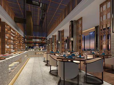 Modern Chinese Restaurant Interior Design With Dining Tables Chairs Wooden Decor And Window View 3d model