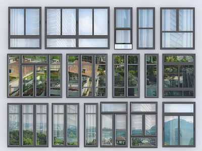 Various Modern Casement Windows Designs With Gray Frames Clear Glass And Exterior Building Views 3d model
