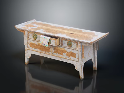 Rustic Vintage Wooden Table With Peeled White Paint Top And Metal Knob Drawer 3d model