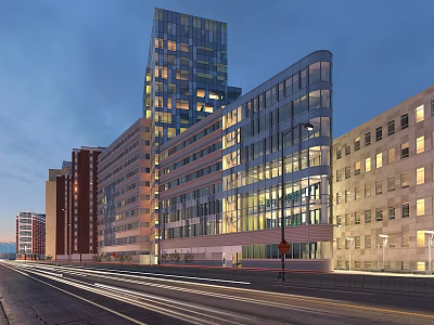 Modern Office Buildings with Glass Facades Illuminated at Dusk in Urban Street 3d model
