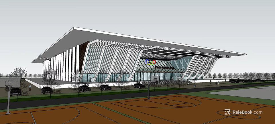 Modern Sports Building Exterior With Curved Glass Facade Basketball Court Parking Area And Trees 3d model 