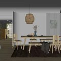 Modern Dining Room Interior With Wooden Dining Table Chairs Woven Pendant Light Striped Abstract Art