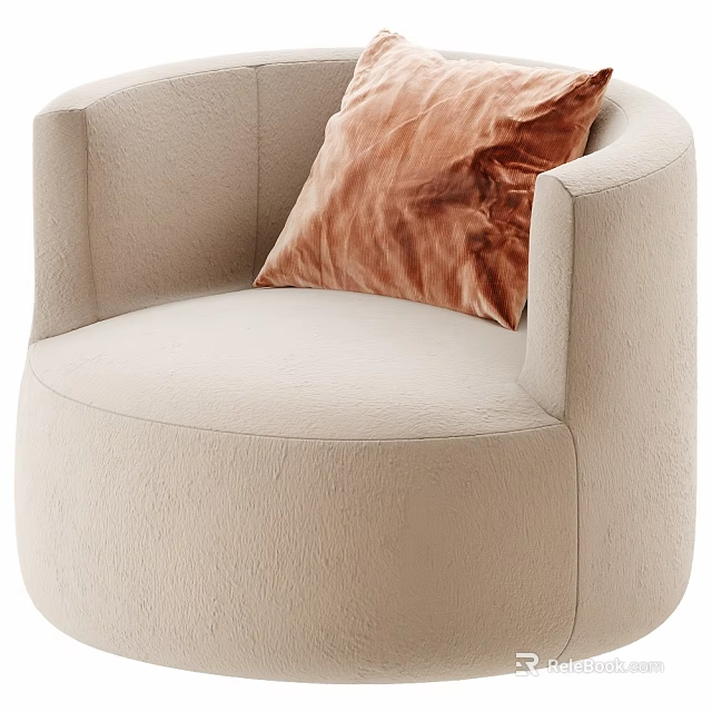Modern Plush Beige Leisure Chair With Curved Armrests And Copper Velvet Pillow 3d model 