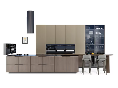 Modern Kitchen Interior Featuring Wooden Cabinets Island Counter And Glass Display Doors 3d model