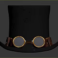 Steampunk Black Top Hat With Brown Leather Strap And Round White Lenses
