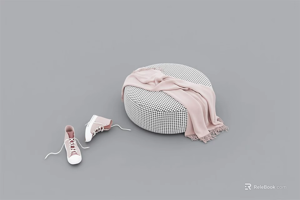 Modern Round Black and White Checkered Pouf with Pink Scarf and Sneakers 3d model 