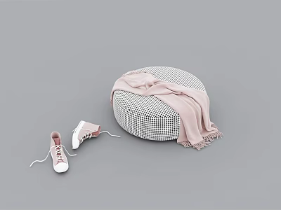 Modern Round Black and White Checkered Pouf with Pink Scarf and Sneakers 3d model