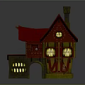 Cartoon Style House with Red Roof Yellow Walls Chimney and Windows Details