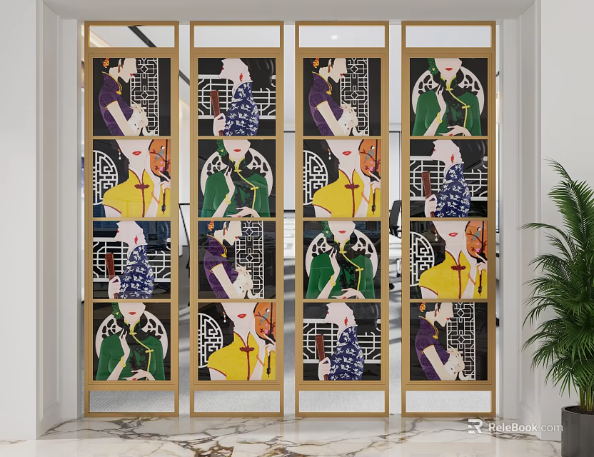 Indoor Decorative Golden Frame Screen With Vintage Cheongsam Patterns 3d model