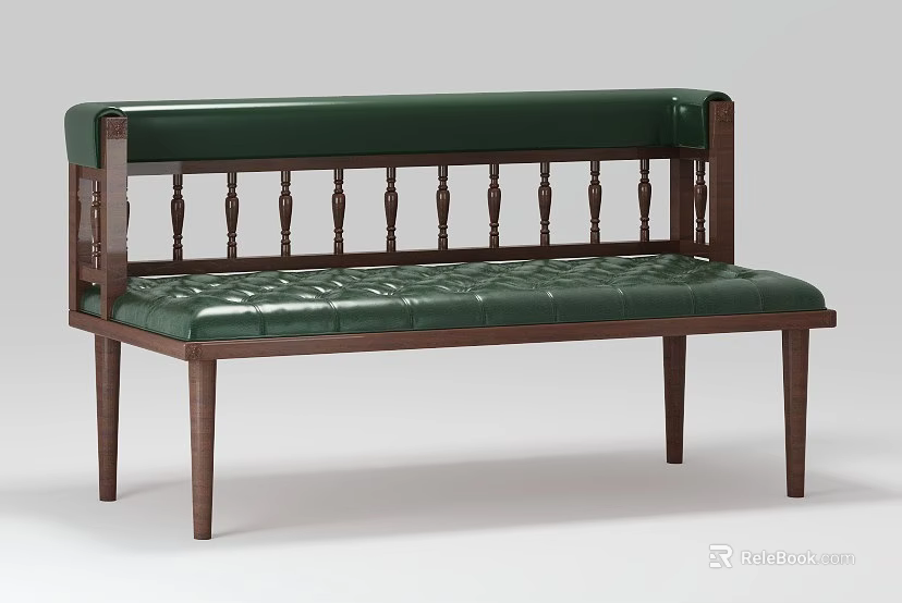Elegant Dining Bench with Green Leather Upholstery and Wooden Spindle Back Design 3d model 